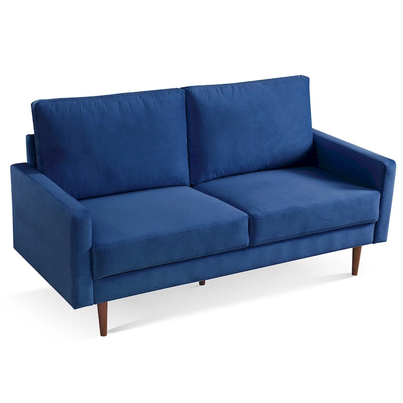 Canapé en velours de style Mid-Century avec accoudoirs carrés et pieds en bois d'eucalyptus, 3 places, Noir/Gris/Beige/Bleu