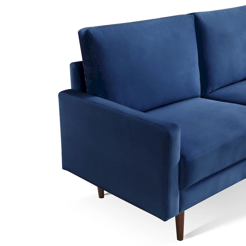 Canapé en velours de style Mid-Century avec accoudoirs carrés et pieds en bois d'eucalyptus, 3 places, Noir/Gris/Beige/Bleu