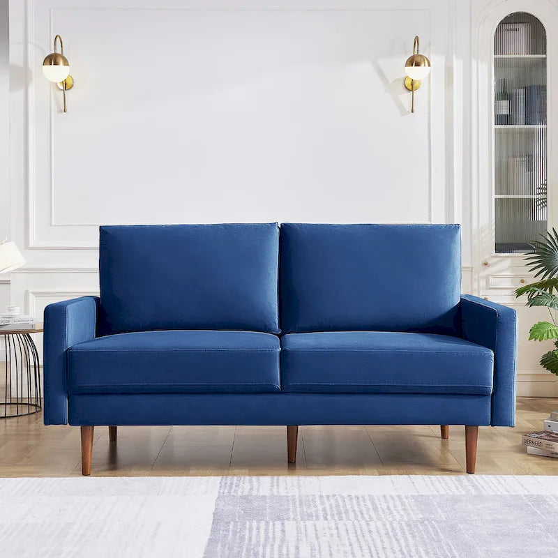 Canapé en velours de style Mid-Century avec accoudoirs carrés et pieds en bois d'eucalyptus, 3 places, Noir/Gris/Beige/Bleu