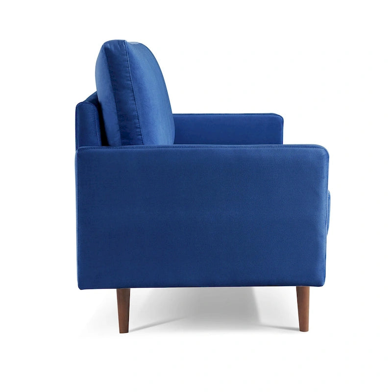 Canapé en velours de style Mid-Century avec accoudoirs carrés et pieds en bois d'eucalyptus, 3 places, Noir/Gris/Beige/Bleu