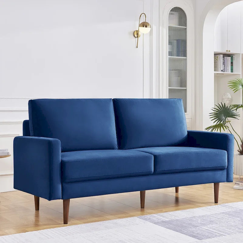 Canapé en velours de style Mid-Century avec accoudoirs carrés et pieds en bois d'eucalyptus, 3 places, Noir/Gris/Beige/Bleu