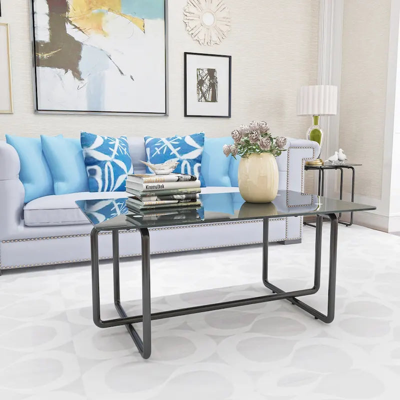Table basse rectangulaire en verre trempé noir avec pieds métalliques réglables