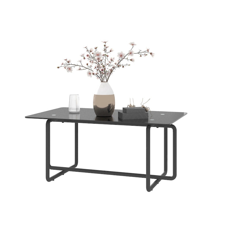 Table basse rectangulaire en verre trempé noir avec pieds métalliques réglables