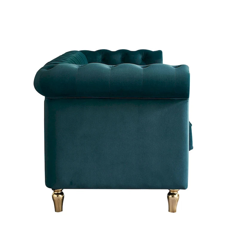 Canapé Chesterfield vert/rose en velours capitonné avec garniture dorée, 3 places