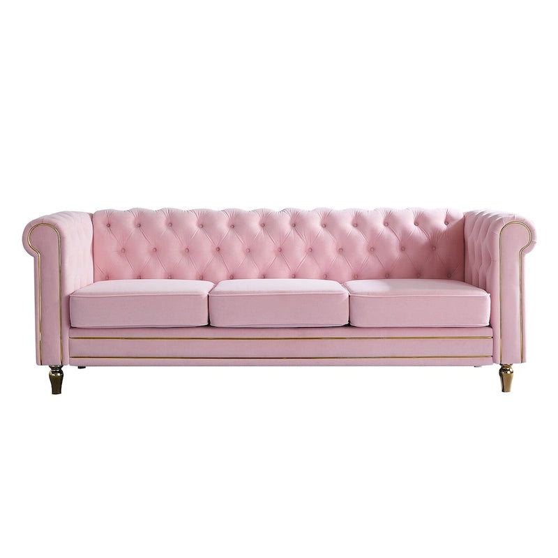 Canapé Chesterfield vert/rose en velours capitonné avec garniture dorée, 3 places
