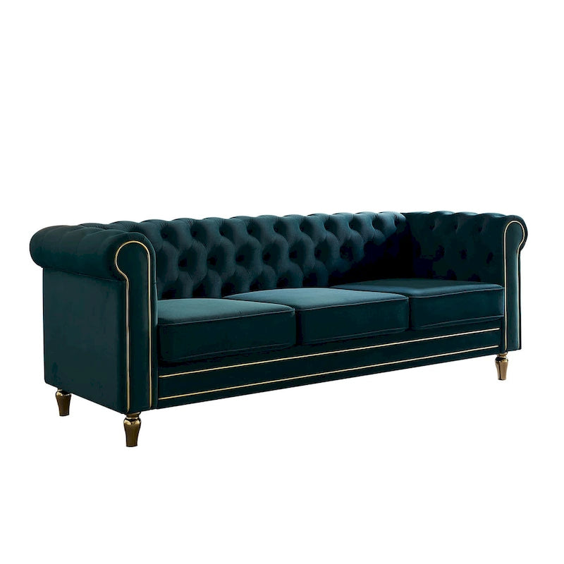 Canapé Chesterfield vert/rose en velours capitonné avec garniture dorée, 3 places