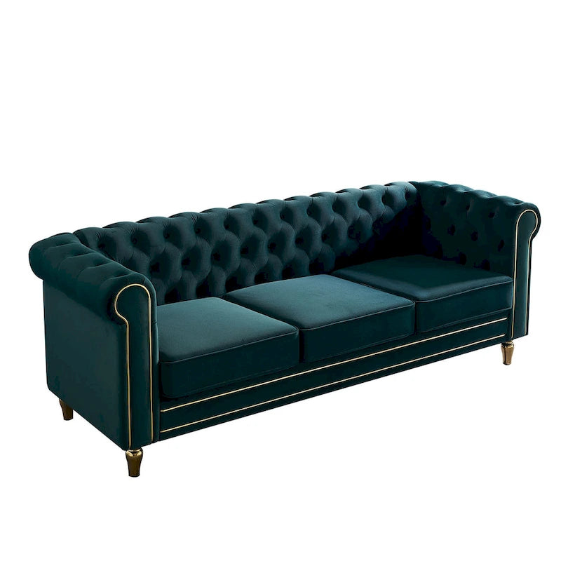 Canapé Chesterfield vert/rose en velours capitonné avec garniture dorée, 3 places