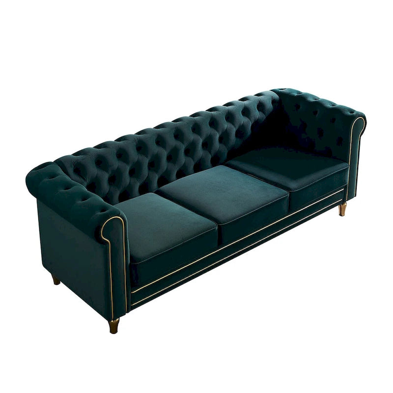 Canapé Chesterfield vert/rose en velours capitonné avec garniture dorée, 3 places