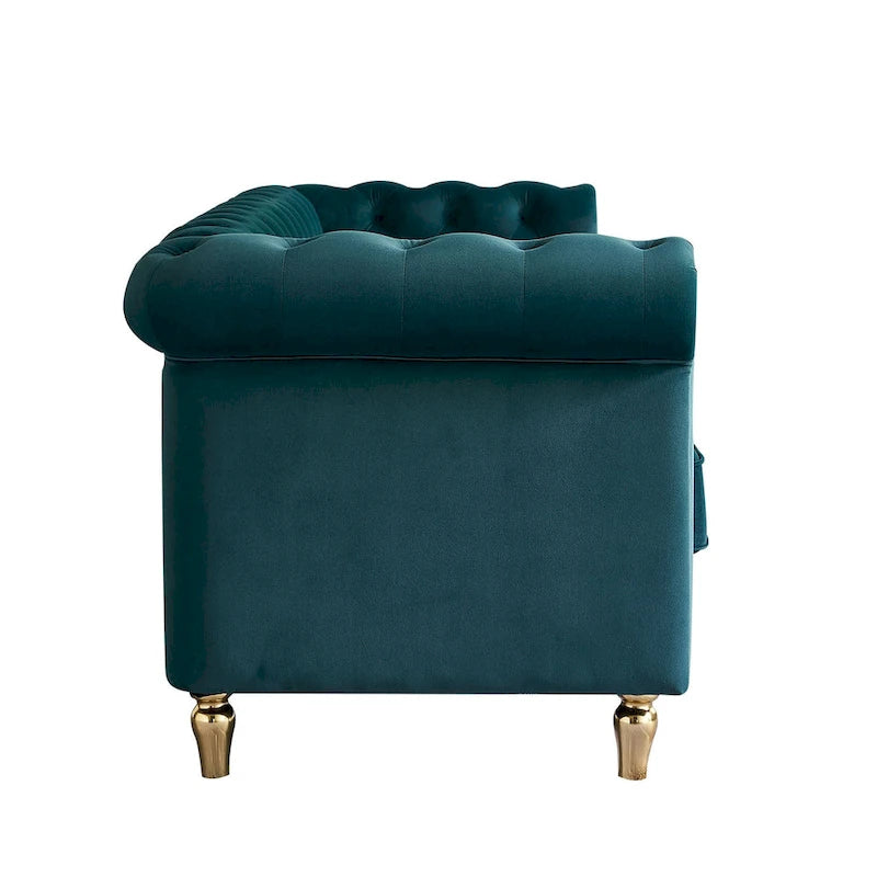 Canapé Chesterfield vert/rose en velours capitonné avec garniture dorée, 3 places