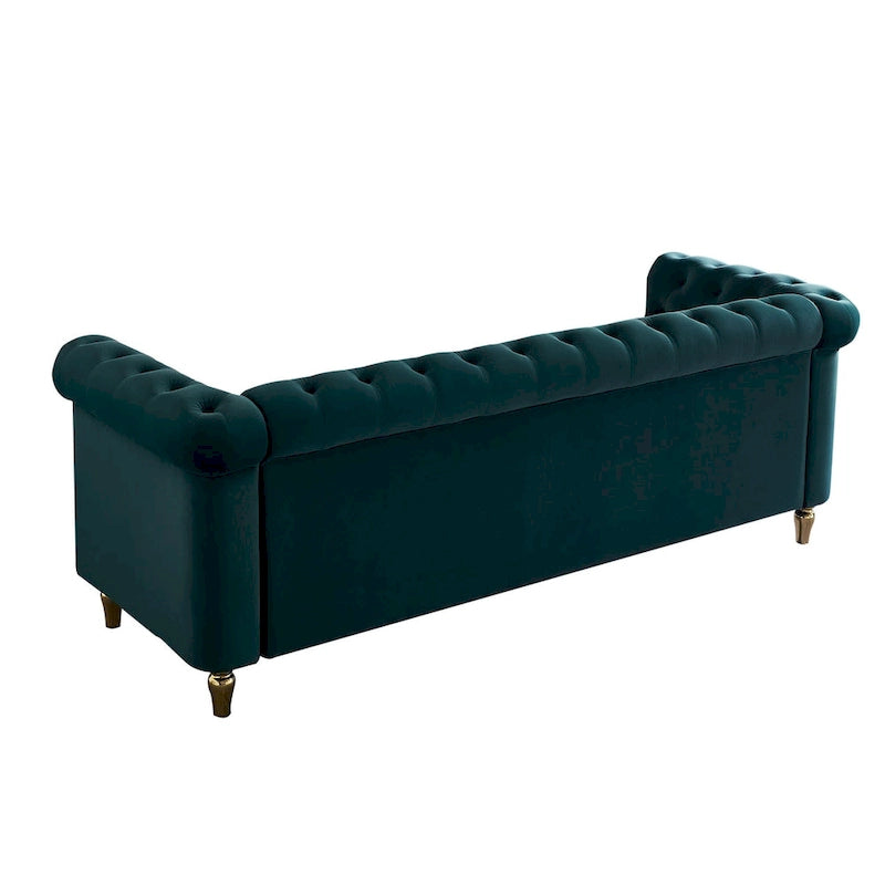 Canapé Chesterfield vert/rose en velours capitonné avec garniture dorée, 3 places