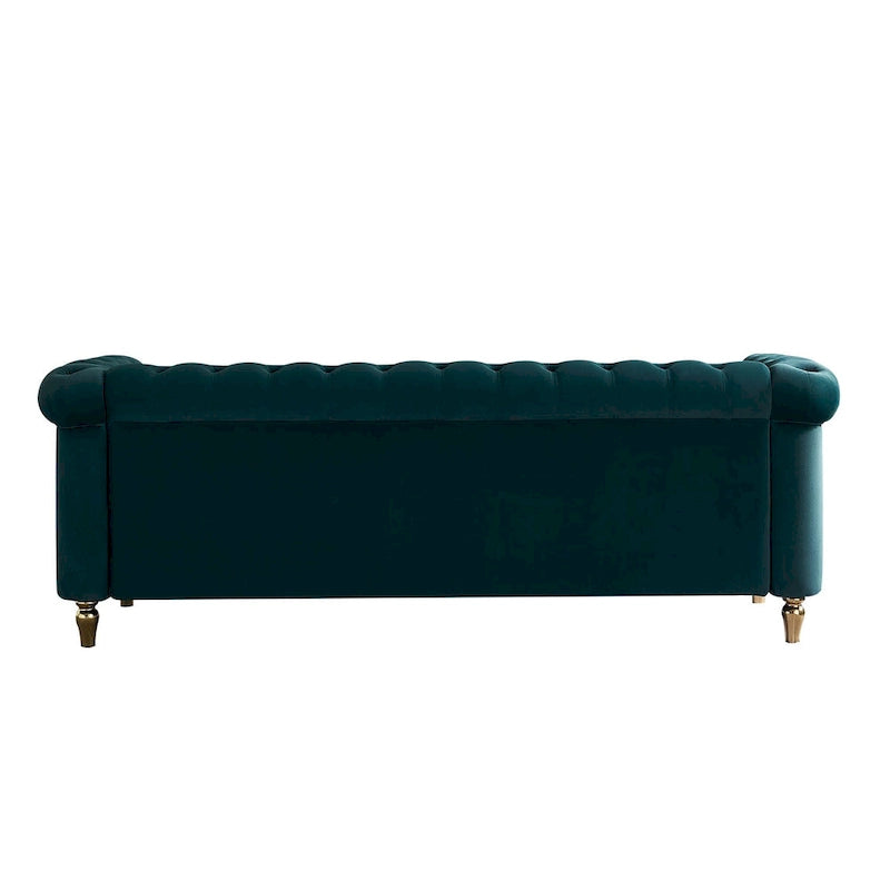 Canapé Chesterfield vert/rose en velours capitonné avec garniture dorée, 3 places