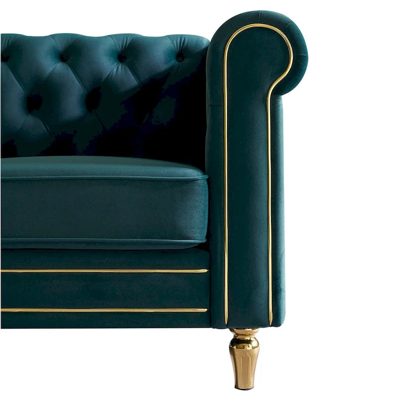 Canapé Chesterfield vert/rose en velours capitonné avec garniture dorée, 3 places