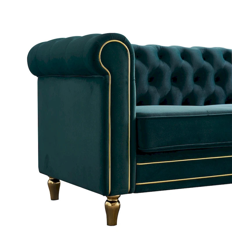 Canapé Chesterfield vert/rose en velours capitonné avec garniture dorée, 3 places