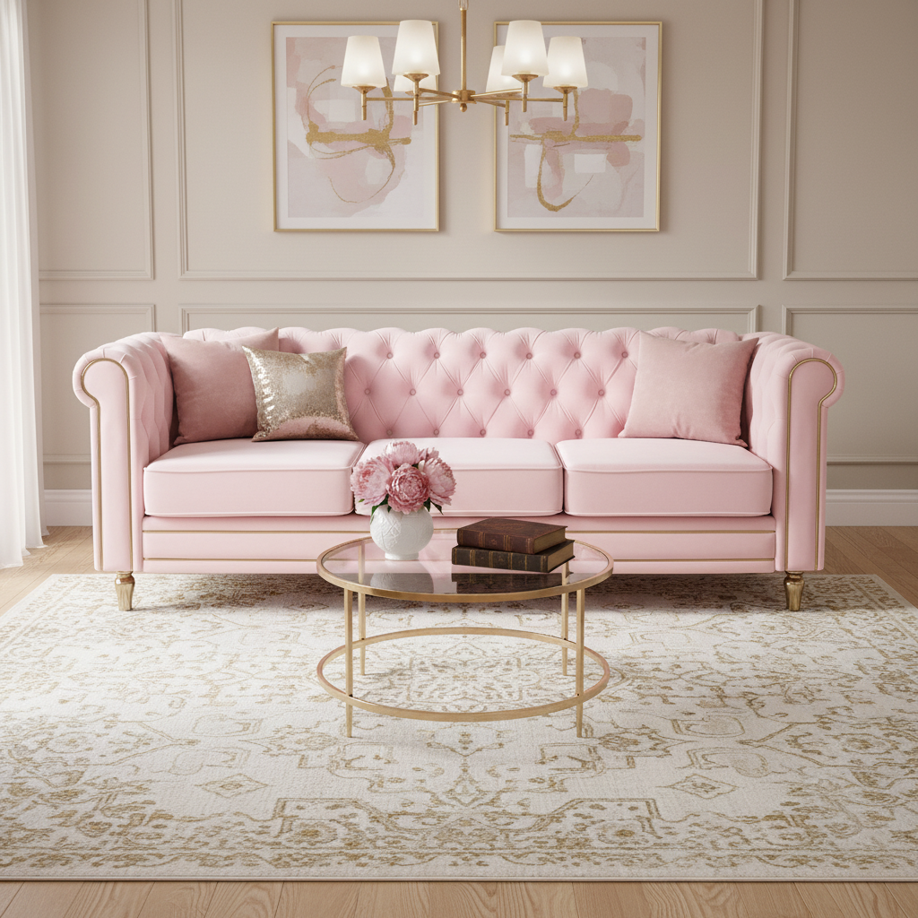 Canapé Chesterfield vert/rose en velours capitonné avec garniture dorée, 3 places