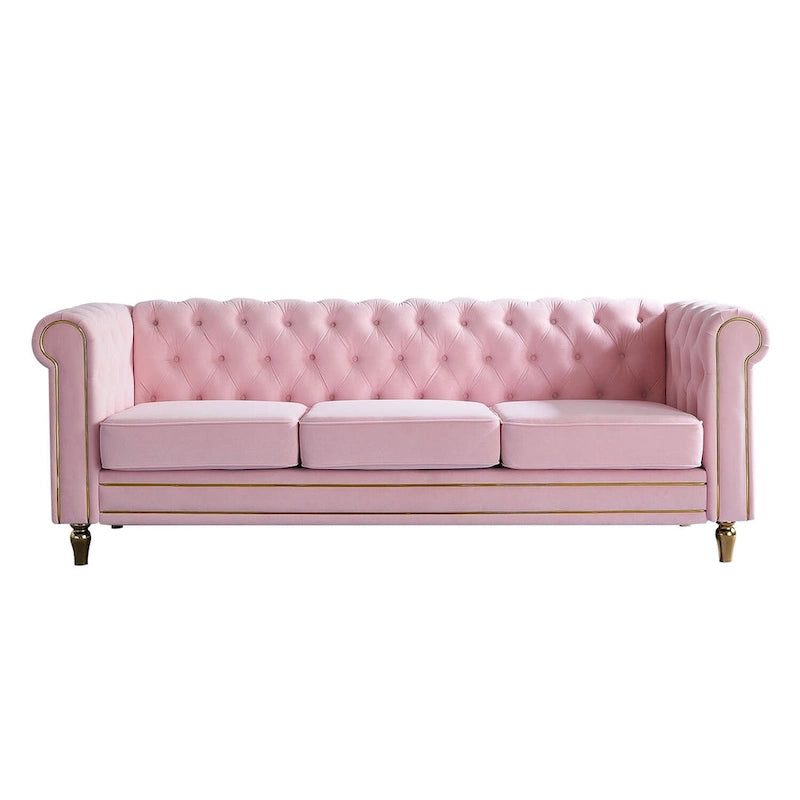 Canapé Chesterfield vert/rose en velours capitonné avec garniture dorée, 3 places