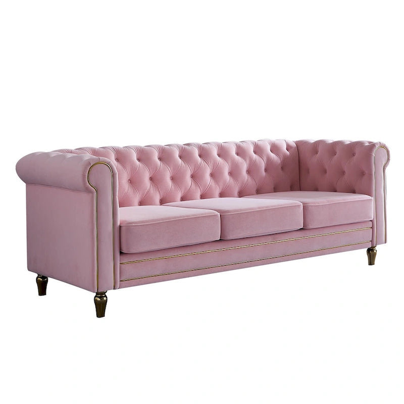 Canapé Chesterfield vert/rose en velours capitonné avec garniture dorée, 3 places