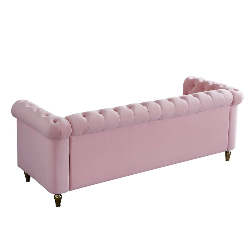 Canapé Chesterfield vert/rose en velours capitonné avec garniture dorée, 3 places
