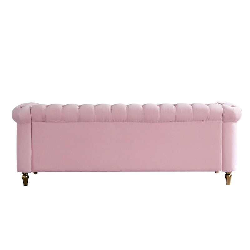 Canapé Chesterfield vert/rose en velours capitonné avec garniture dorée, 3 places