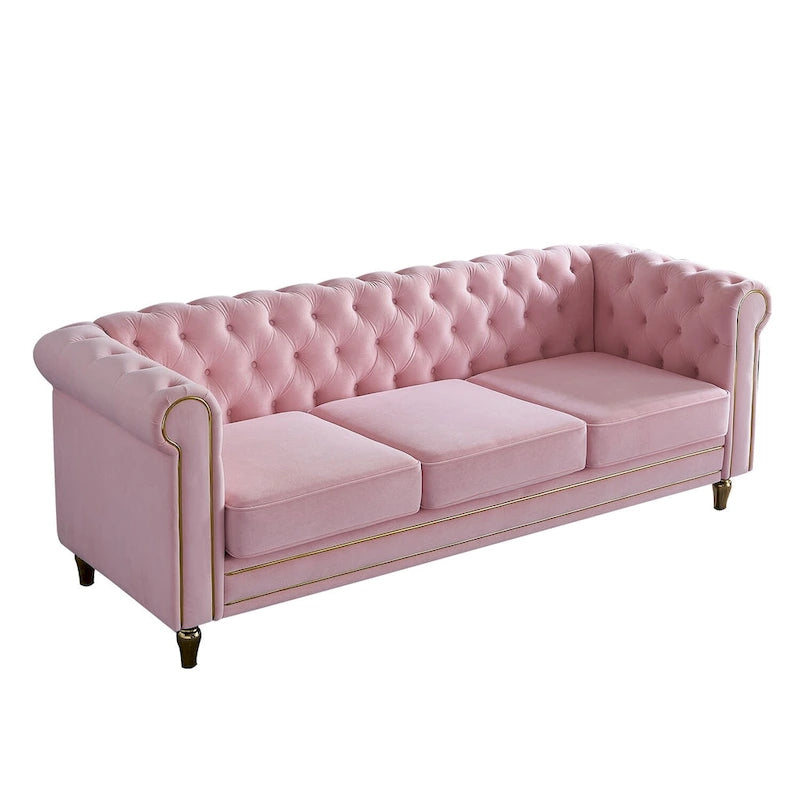 Canapé Chesterfield vert/rose en velours capitonné avec garniture dorée, 3 places