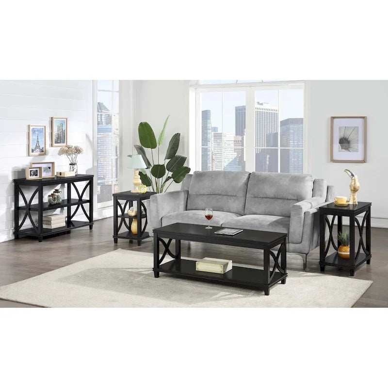 Table basse X-Frame avec étagère inférieure, Bois flotté/Blanc, Expresso, Noir