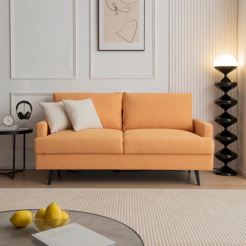 Causeuse moderne en lin avec pieds en métal et mousse haute densité, 2 places, jaune/gris/émeraude/beige