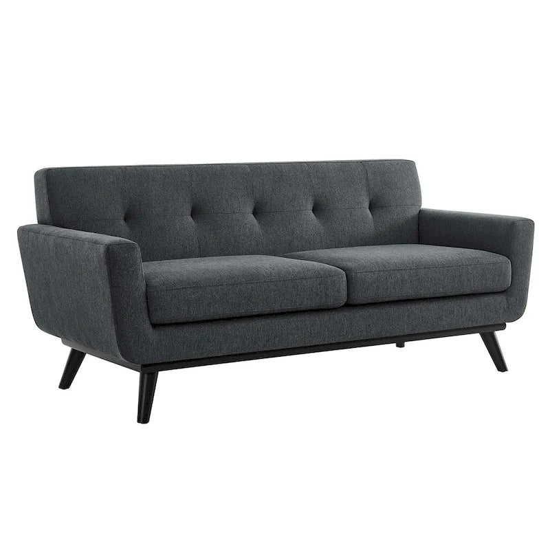 Causeuse en tissu à chevrons avec coussin touffeté et pieds en bois noir, 2 places, Gris clair/Beige/Ivoire/Anthracite