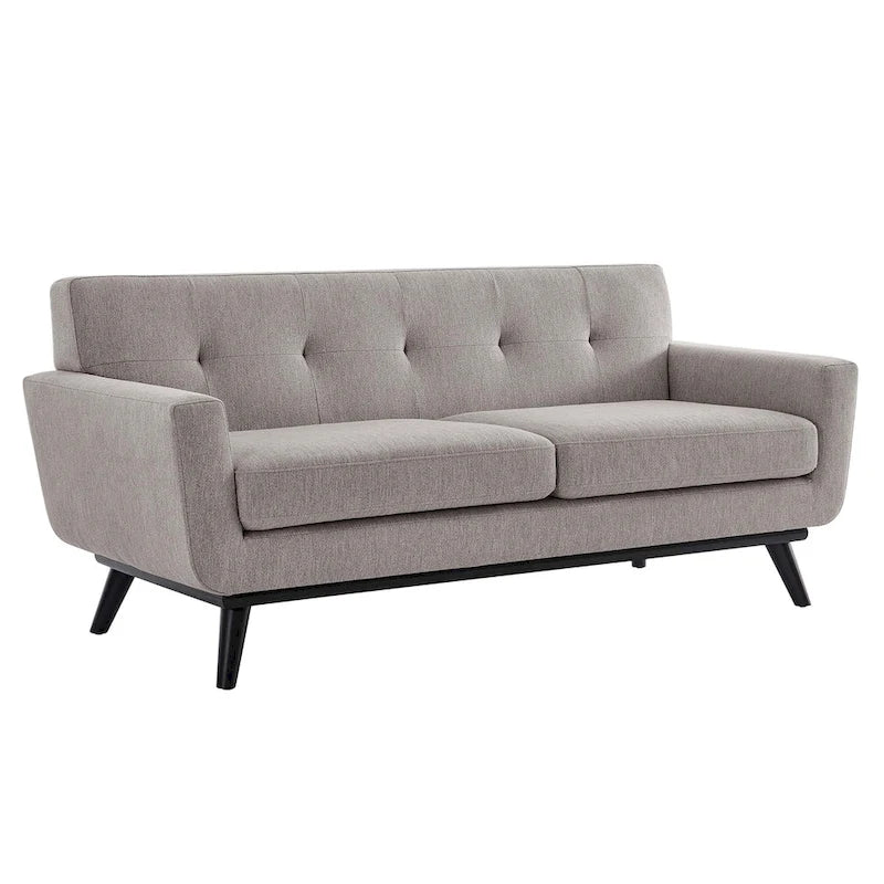 Causeuse en tissu à chevrons avec coussin touffeté et pieds en bois noir, 2 places, Gris clair/Beige/Ivoire/Anthracite