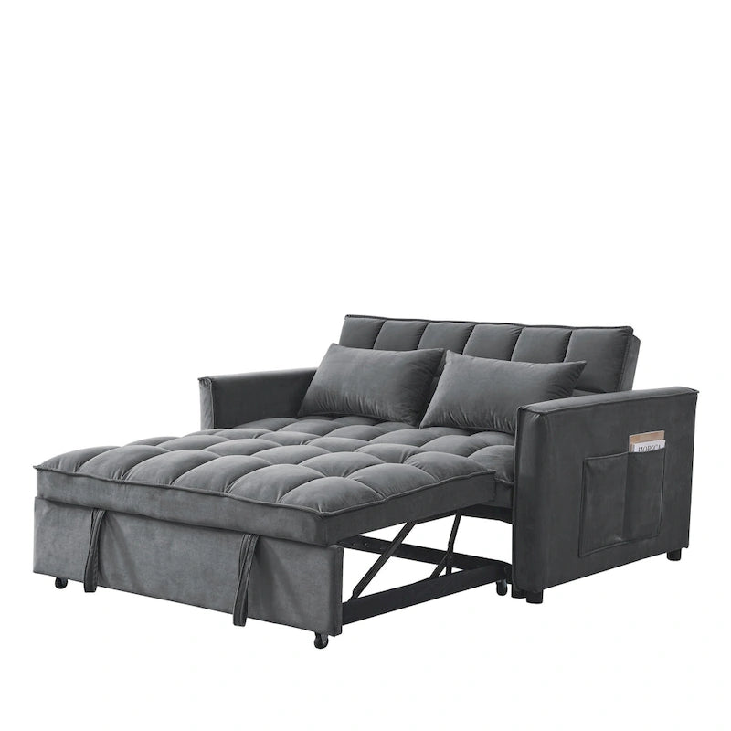Canapé convertible 2 places en velours gris/noir avec dossier réglable et lit gigogne, 2 places assises