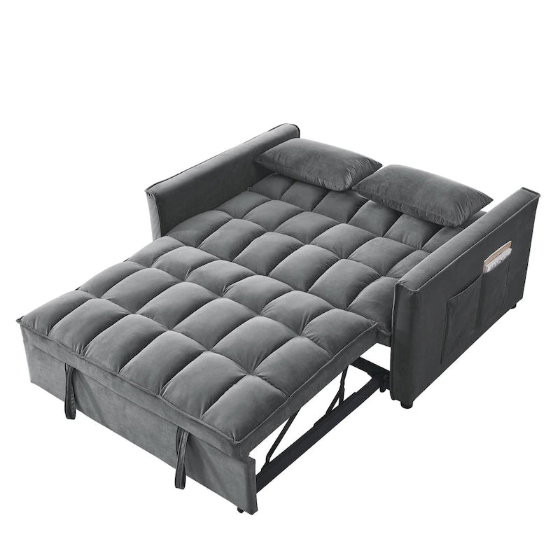 Canapé convertible 2 places en velours gris/noir avec dossier réglable et lit gigogne, 2 places assises