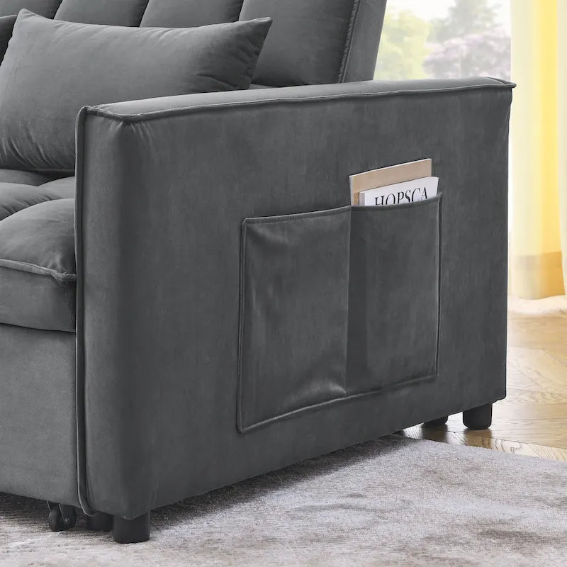Canapé convertible 2 places en velours gris/noir avec dossier réglable et lit gigogne, 2 places assises