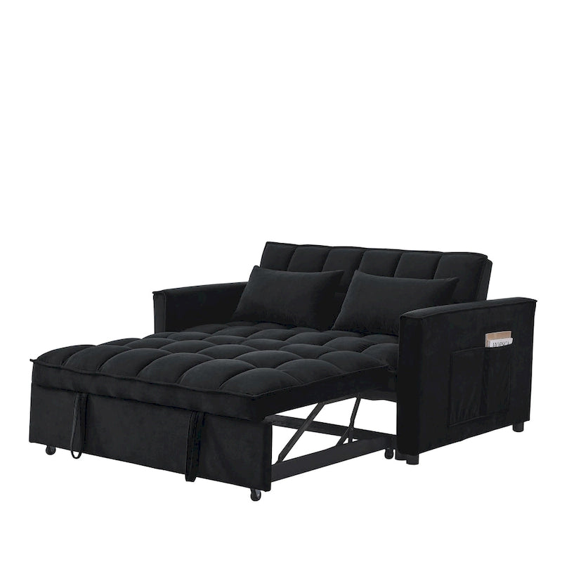 Canapé convertible 2 places en velours gris/noir avec dossier réglable et lit gigogne, 2 places assises