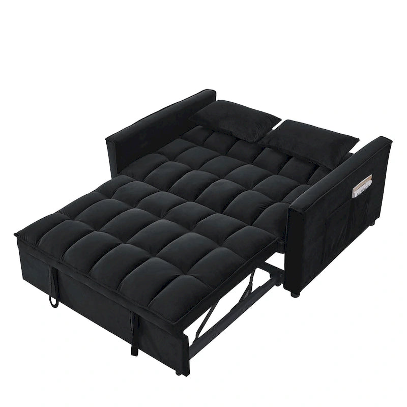Canapé convertible 2 places en velours gris/noir avec dossier réglable et lit gigogne, 2 places assises
