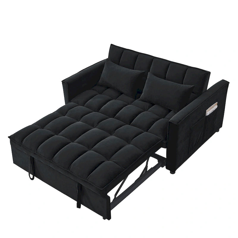 Canapé convertible 2 places en velours gris/noir avec dossier réglable et lit gigogne, 2 places assises