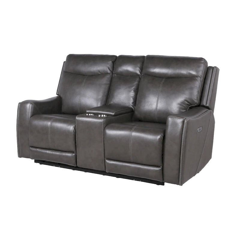 Causeuse inclinable électrique gris ardoise/brun caramel en cuir pleine fleur avec console centrale et chargement USB, 2 places