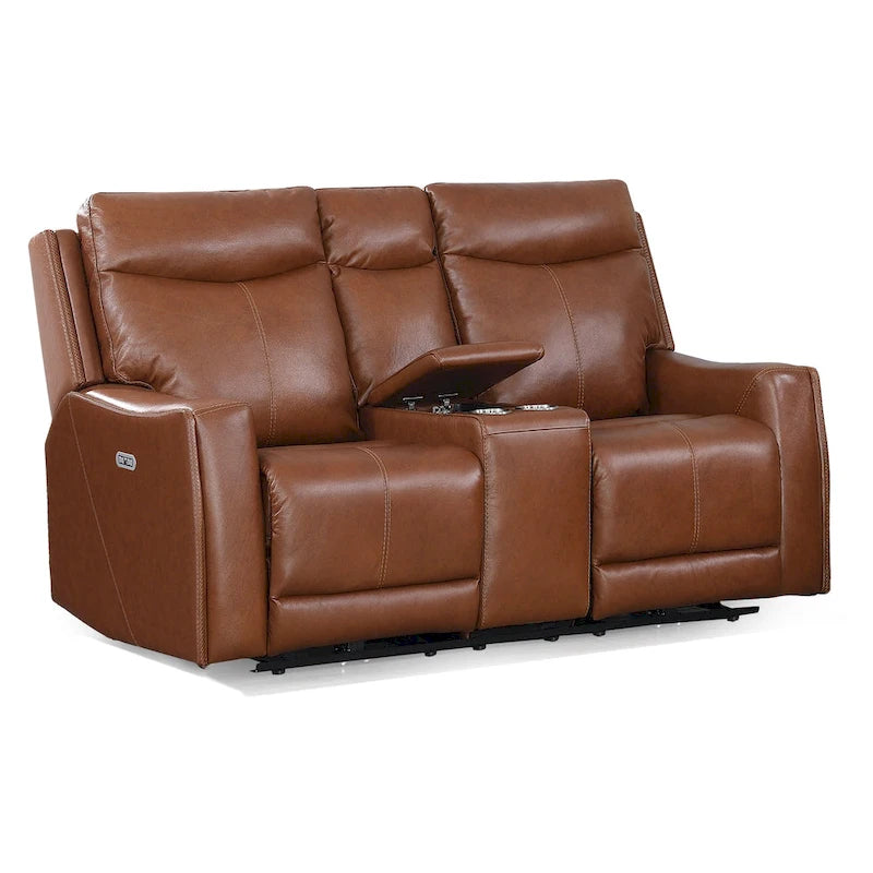 Causeuse inclinable électrique gris ardoise/brun caramel en cuir pleine fleur avec console centrale et chargement USB, 2 places