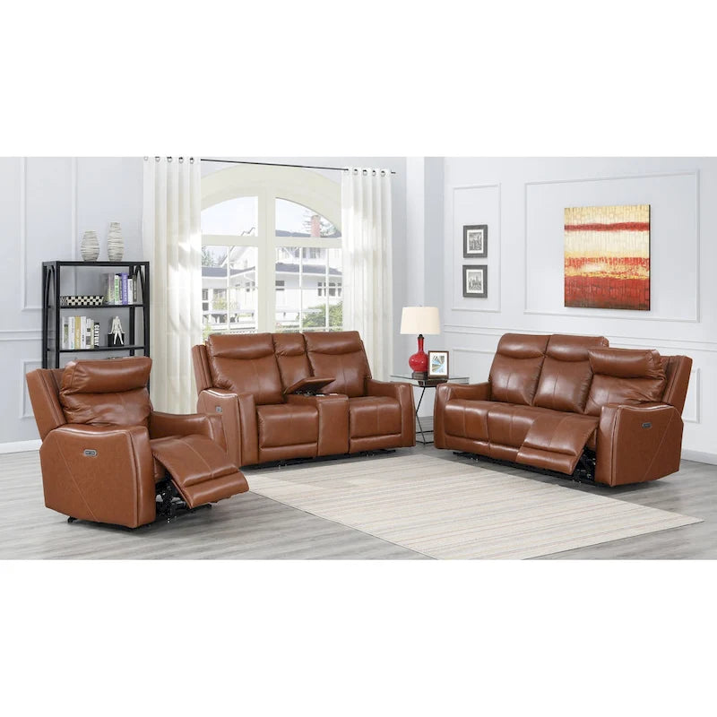 Causeuse inclinable électrique gris ardoise/brun caramel en cuir pleine fleur avec console centrale et chargement USB, 2 places
