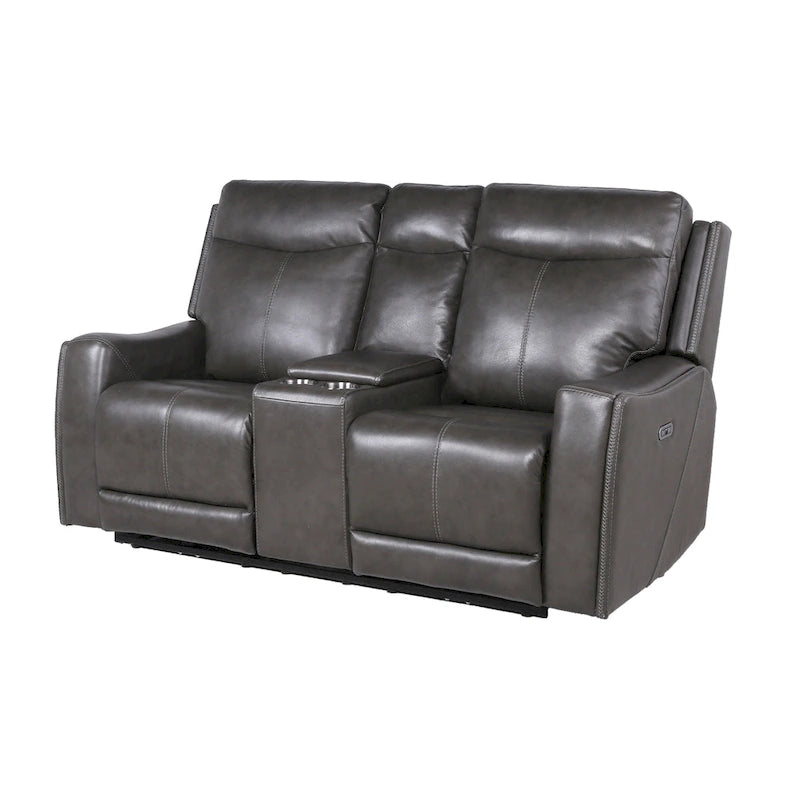 Causeuse inclinable électrique gris ardoise/brun caramel en cuir pleine fleur avec console centrale et chargement USB, 2 places