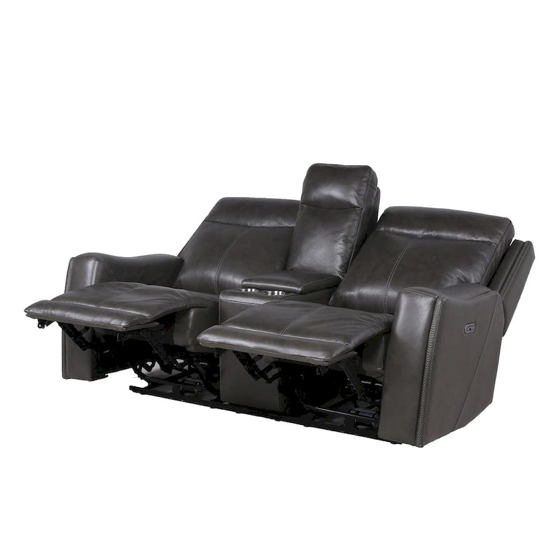 Causeuse inclinable électrique gris ardoise/brun caramel en cuir pleine fleur avec console centrale et chargement USB, 2 places