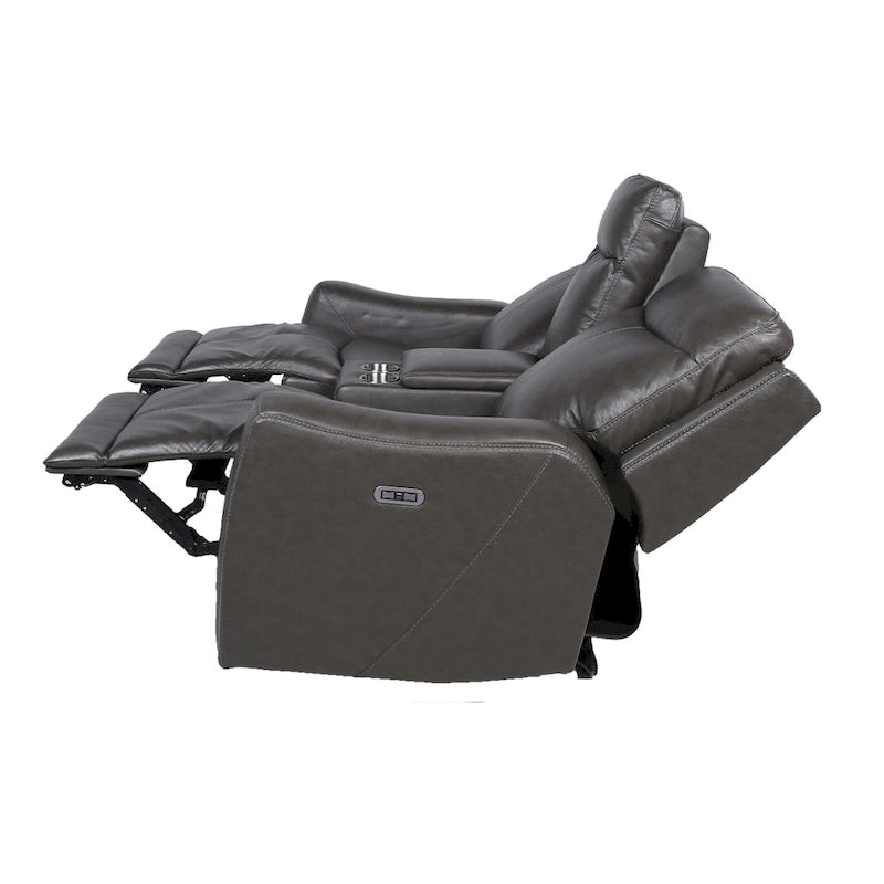 Causeuse inclinable électrique gris ardoise/brun caramel en cuir pleine fleur avec console centrale et chargement USB, 2 places