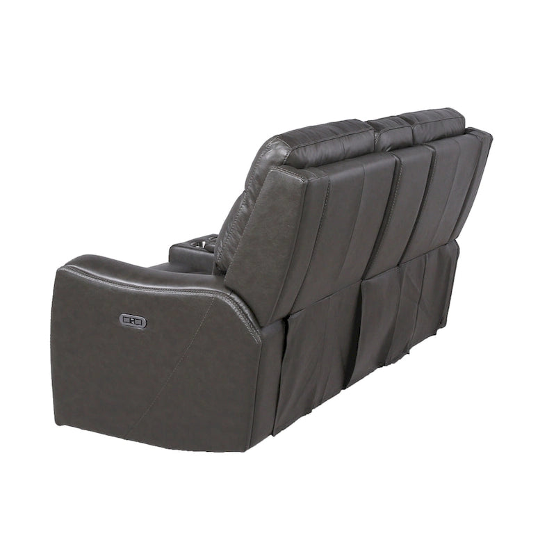 Causeuse inclinable électrique gris ardoise/brun caramel en cuir pleine fleur avec console centrale et chargement USB, 2 places