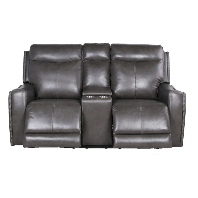 Causeuse inclinable électrique gris ardoise/brun caramel en cuir pleine fleur avec console centrale et chargement USB, 2 places