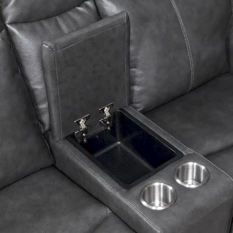 Causeuse inclinable électrique gris ardoise/brun caramel en cuir pleine fleur avec console centrale et chargement USB, 2 places