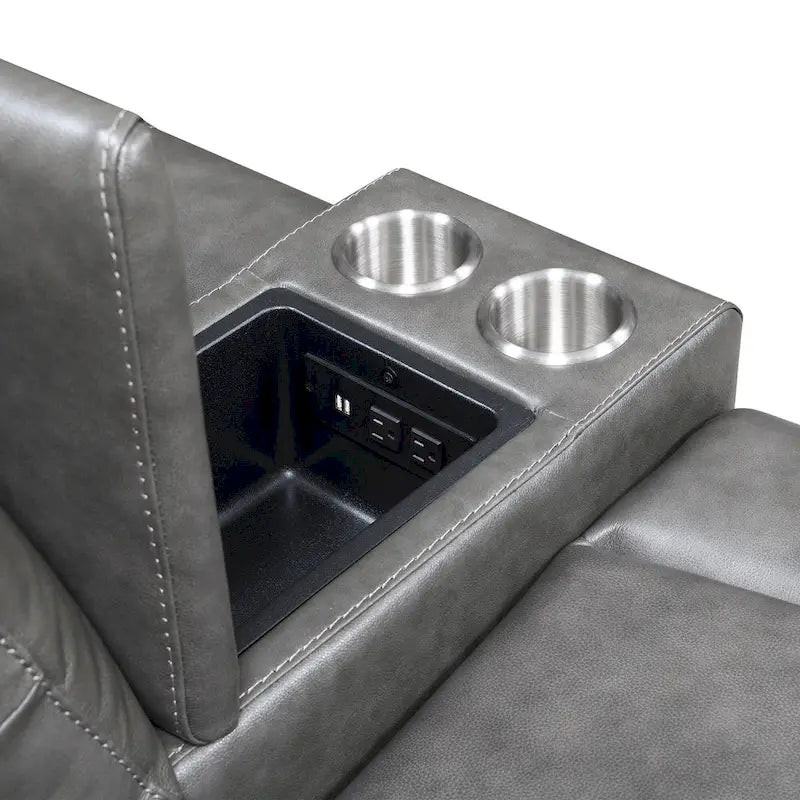 Causeuse inclinable électrique gris ardoise/brun caramel en cuir pleine fleur avec console centrale et chargement USB, 2 places