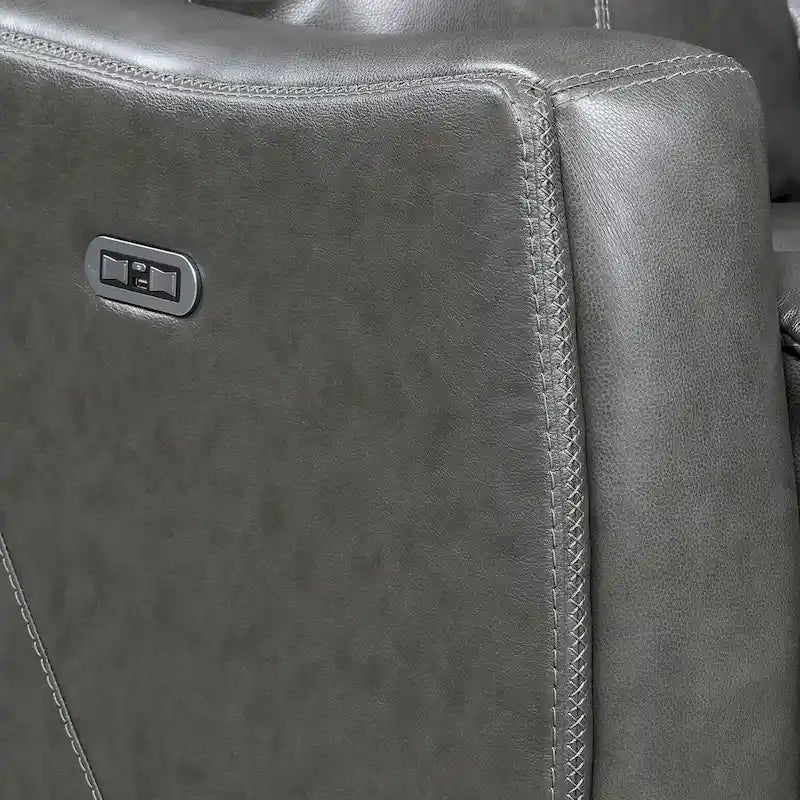 Causeuse inclinable électrique gris ardoise/brun caramel en cuir pleine fleur avec console centrale et chargement USB, 2 places