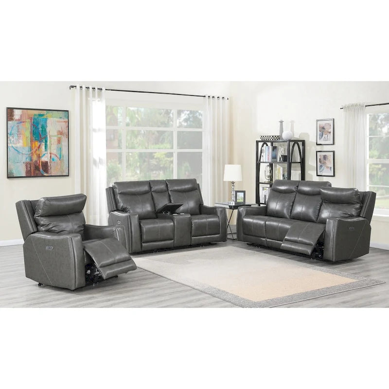 Causeuse inclinable électrique gris ardoise/brun caramel en cuir pleine fleur avec console centrale et chargement USB, 2 places