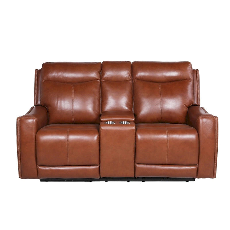 Causeuse inclinable électrique gris ardoise/brun caramel en cuir pleine fleur avec console centrale et chargement USB, 2 places