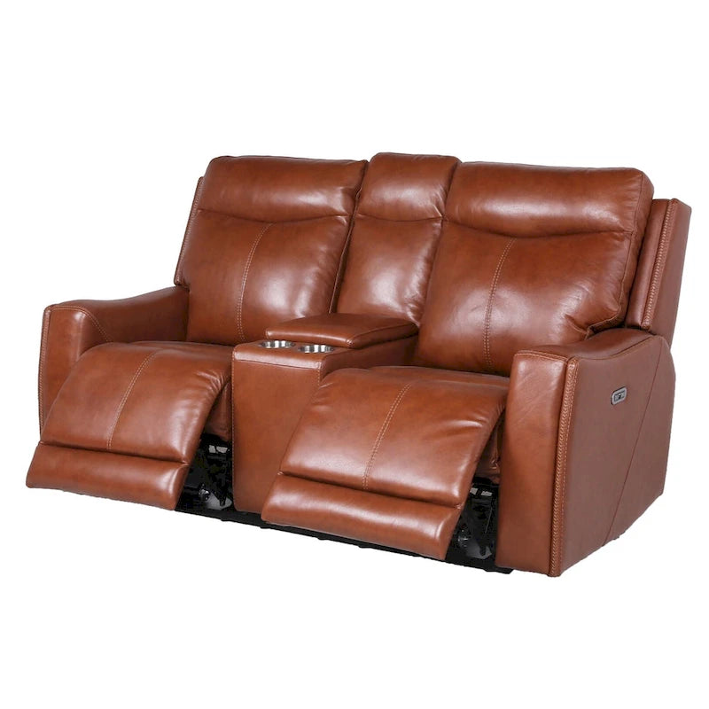Causeuse inclinable électrique gris ardoise/brun caramel en cuir pleine fleur avec console centrale et chargement USB, 2 places
