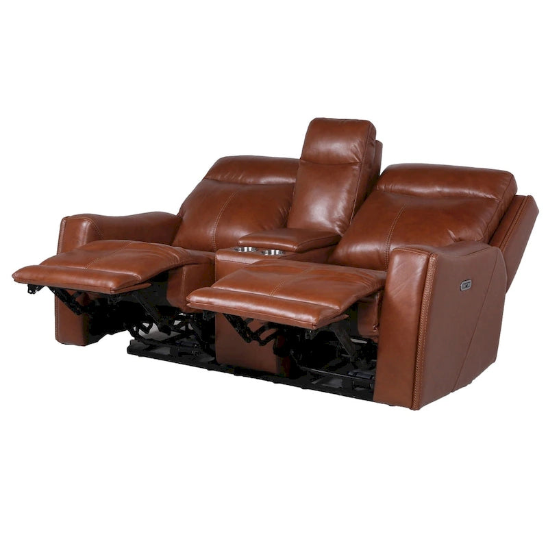 Causeuse inclinable électrique gris ardoise/brun caramel en cuir pleine fleur avec console centrale et chargement USB, 2 places