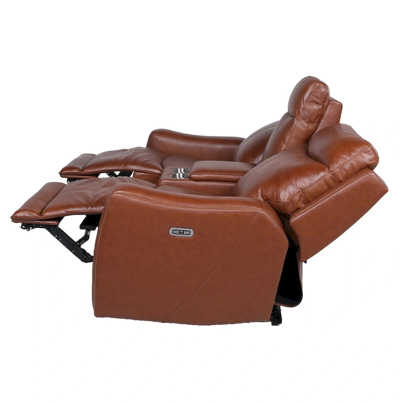 Causeuse inclinable électrique gris ardoise/brun caramel en cuir pleine fleur avec console centrale et chargement USB, 2 places