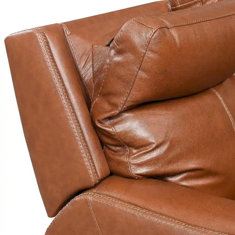Causeuse inclinable électrique gris ardoise/brun caramel en cuir pleine fleur avec console centrale et chargement USB, 2 places